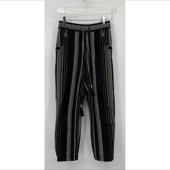 Anthropologie beach pants black white tribal ankle cropped drawstring tassel XS - Picture 2 of 6